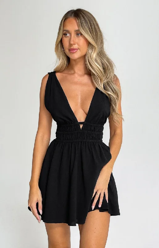 Genovia Crinkle Black Mini Dress Trendy Cut-Out Mini Dress