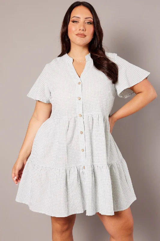 Green Check Gingham Mini Dress Comfortable Zip-Up Mini Dress