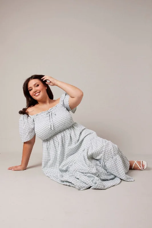 Green Check Maxi Dress Short Sleeve Shirred Chic Button-Up Maxi Dress