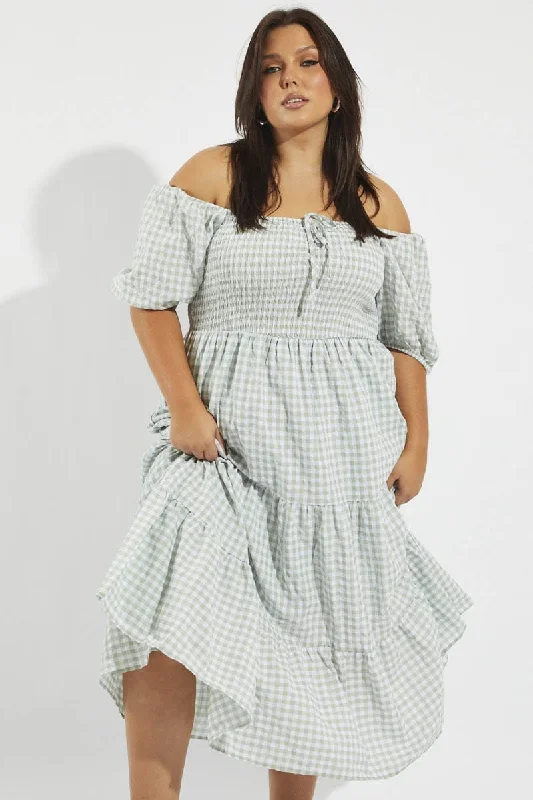 Green Check Maxi Dress Short Sleeve Shirred Fashionable Chiffon Maxi Dress