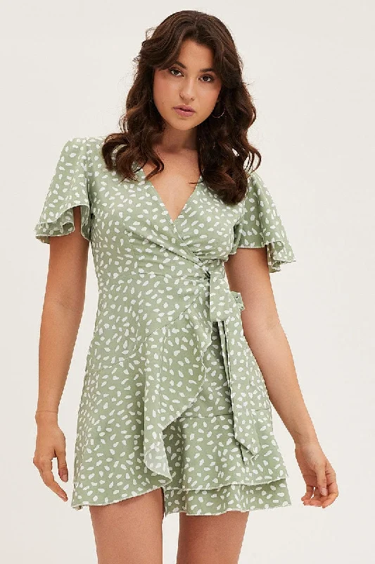 Green Geo Wrap Mini Dress Modern Satin Mini Dress