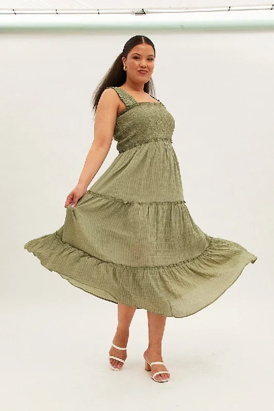 Green Maxi Dress Gather Shoulder Sleeveless Textured Elegant Sleeveless Maxi Dress
