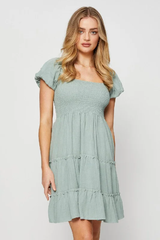 Green Mini Dress Puff Sleeve Skater Fashionable Denim Mini Dress