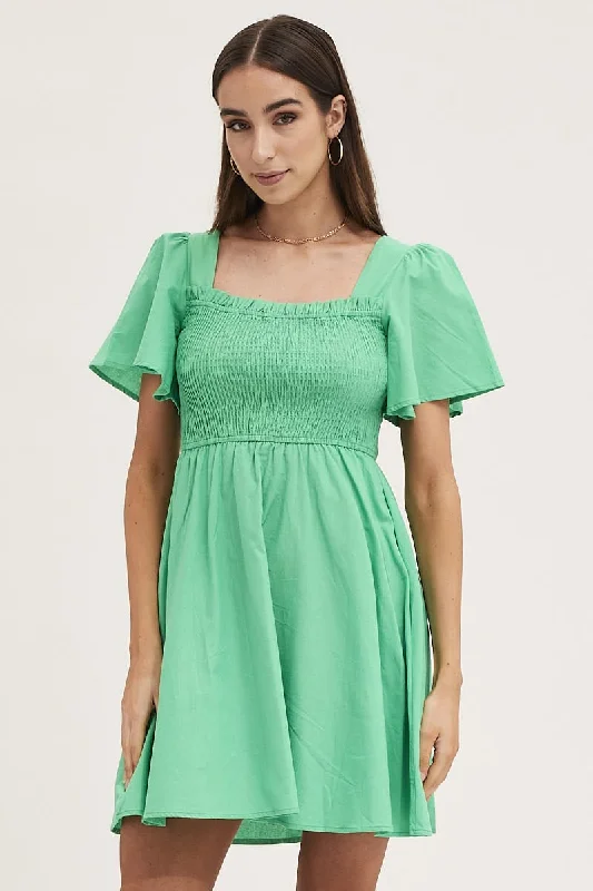 Green Mini Dress Square Neck Elegant Satin Mini Dress