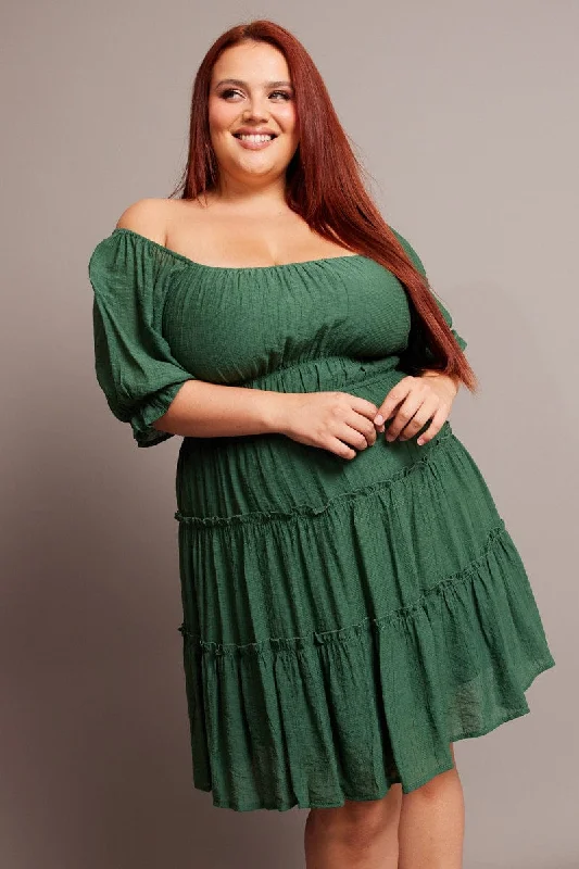 Green Mini Dress With Elastic Waist And Frill Skirt Elegant Off-Shoulder Dress Mini