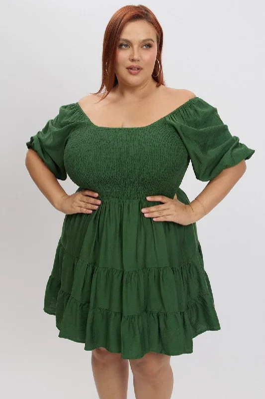 Green Shirred Bodice Puff Sleeve Tiered Mini Dress Comfortable Linen Mini Dress