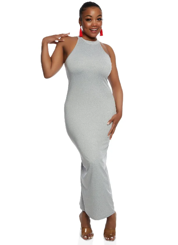 Plus Size Daisy Mock Neck Sleeveless Maxi Dress Comfortable Fit-and-Flare Maxi Dress