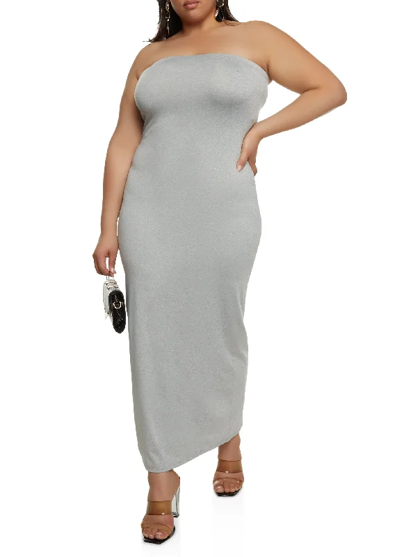 Plus Size Daisy Solid Tube Maxi Dress Comfortable Ruffle Hem Maxi Dress
