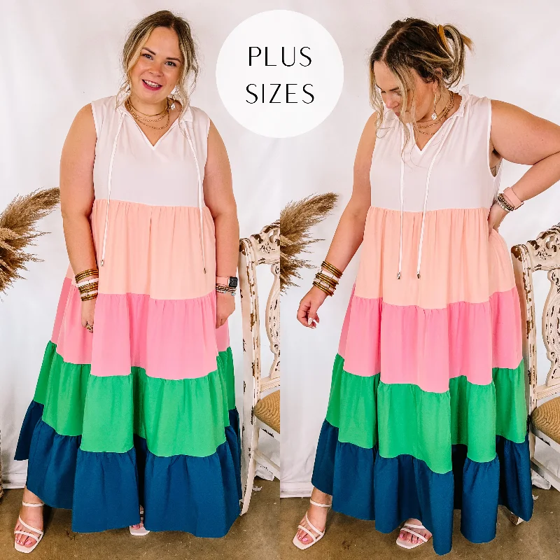 Plus Sizes | Calm Waters High Neck Tiered Maxi Dress in White Mix Comfortable Fitted Maxi Dress
