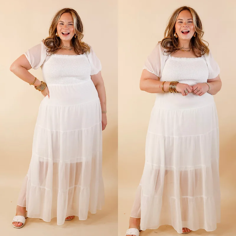 Honeysuckle Love Tiered Maxi Dress with Smocked Bodice in Ivory Elegant Velvet Maxi Dress