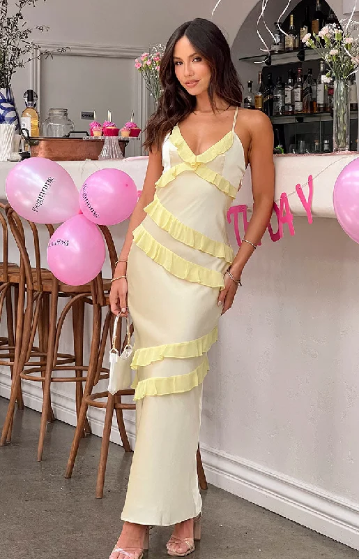 Inara Yellow Ruffle Maxi Dress Elegant Silk Maxi Dress