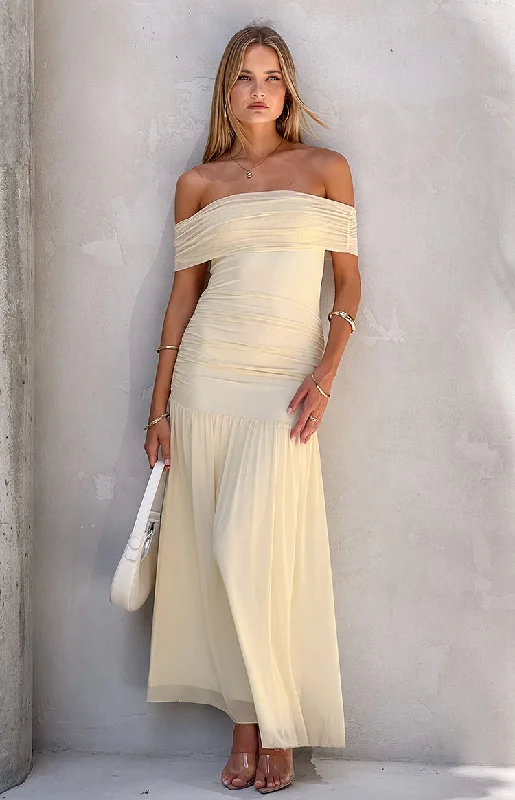 Joesy Cream Off The Shoulder Maxi Dress Fashionable Off-Shoulder Maxi Dress