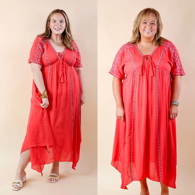 LAST CHANCE SIZE SMALL & MEDIUM | Just For You Embroidered Maxi Dress with Tassel Tie Neck in Coral Trendy Satin Maxi Dress