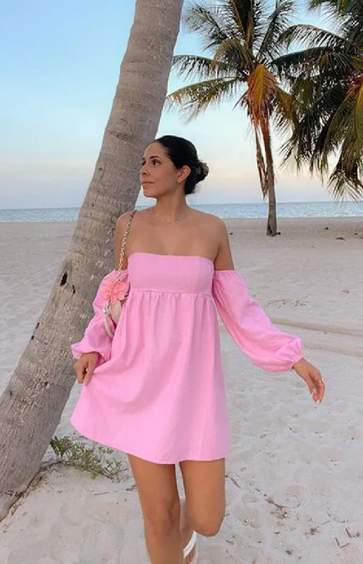 Koa Pink Off Shoulder Linen Mini Dress Casual V-Neck Mini Dress