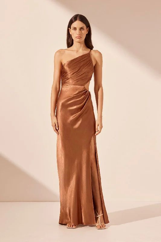 LA LUNE ASYMMETRICAL GATHERED MAXI DRESS - ALMOND Classic Black Maxi Dress