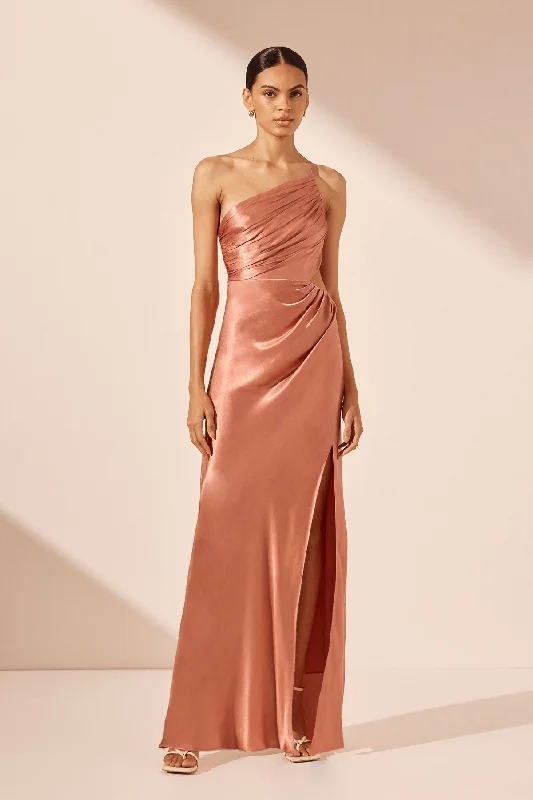 LA LUNE ASYMMETRICAL GATHERED MAXI DRESS - ANTIQUE ROSE Elegant Silk Maxi Dress