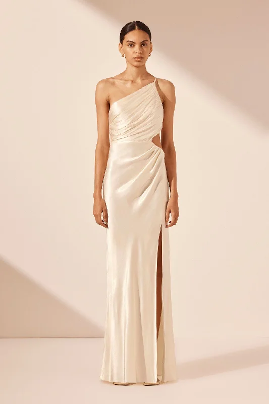 LA LUNE ASYMMETRICAL GATHERED MAXI DRESS - CREAM Fashionable High-Waist Maxi Dress