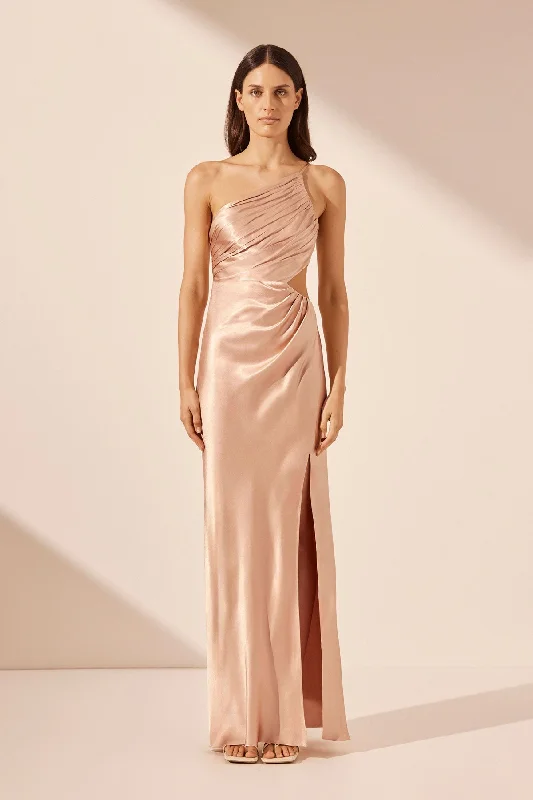 LA LUNE ASYMMETRICAL GATHERED MAXI DRESS - DESERT ROSE Elegant Lace Maxi Dress