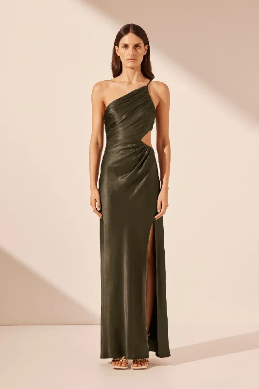 LA LUNE ASYMMETRICAL GATHERED MAXI DRESS - FOREST Fashionable Button-Down Maxi Dress
