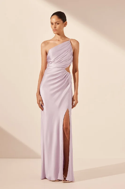 LA LUNE ASYMMETRICAL GATHERED MAXI DRESS - LILAC Trendy Off-Shoulder Ruffle Maxi Dress