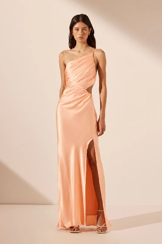 LA LUNE ASYMMETRICAL GATHERED MAXI DRESS - PEACH Trendy Maxi Dress with Belt
