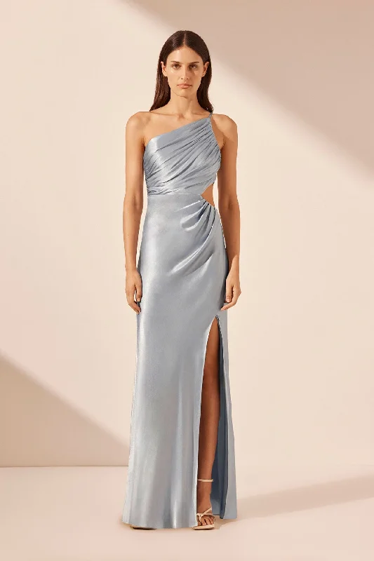 LA LUNE ASYMMETRICAL GATHERED MAXI DRESS - POWDER BLUE Cozy Maxi Dress with Slit