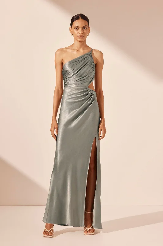LA LUNE ASYMMETRICAL GATHERED MAXI DRESS - SAGE Cozy Knit Maxi Dress