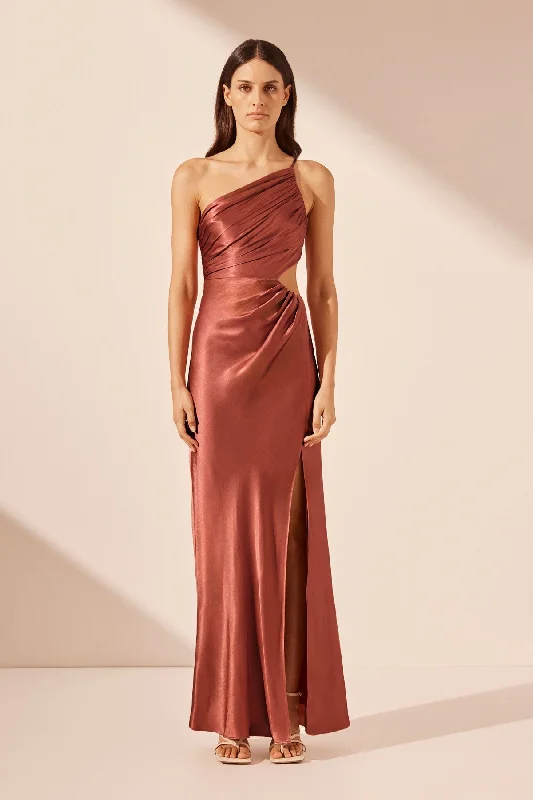 LA LUNE ASYMMETRICAL GATHERED MAXI DRESS - TERRACOTTA Stylish Empire Waist Maxi Dress