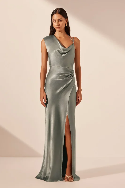 LA LUNE DRAPED MAXI DRESS - SAGE Trendy V-Neck Maxi Dress