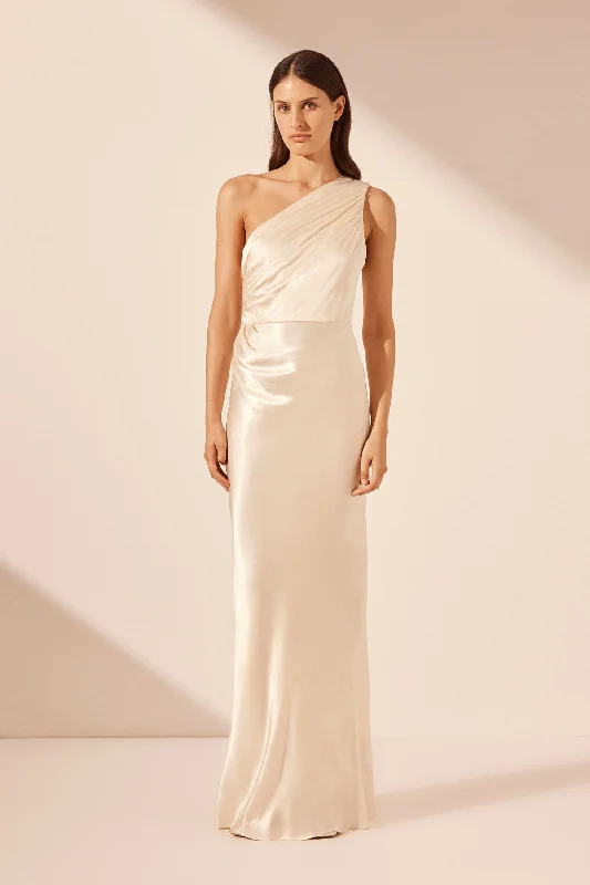 LA LUNE GATHERED ONE SHOULDER MAXI DRESS - CREAM Fashionable Open-Back Maxi Dress