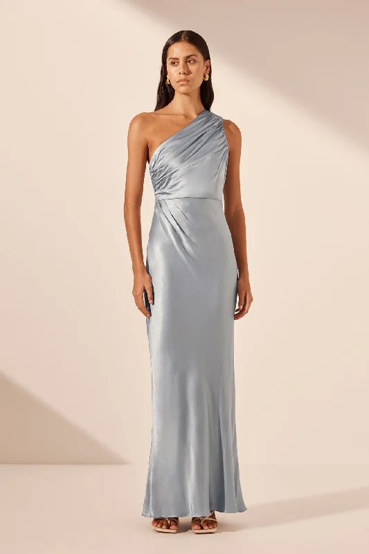 LA LUNE GATHERED ONE SHOULDER MAXI DRESS - POWDER BLUE Cozy Spaghetti Strap Maxi Dress