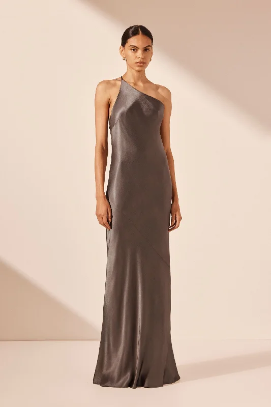 LA LUNE ONE SHOULDER COWL BACK MAXI DRESS - GRAPHITE Comfortable Flowy Maxi Dress