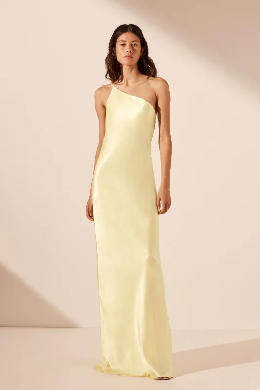 LA LUNE ONE SHOULDER COWL BACK MAXI DRESS - LEMON Comfortable Bohemian Maxi Dress