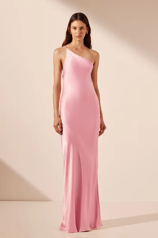 LA LUNE ONE SHOULDER COWL BACK MAXI DRESS - PEONY Cozy Wrap Maxi Dress