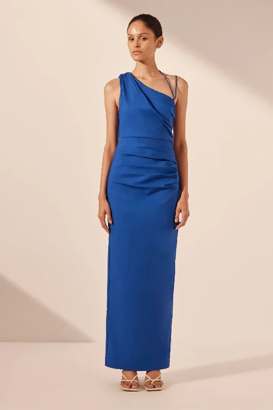 LANI ASYMMETRICAL GATHERED MAXI DRESS - AZURE Comfortable Cotton Maxi Dress