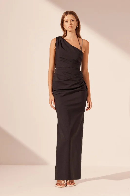 LANI ASYMMETRICAL GATHERED MAXI DRESS - BLACK Comfortable Casual Maxi Dress