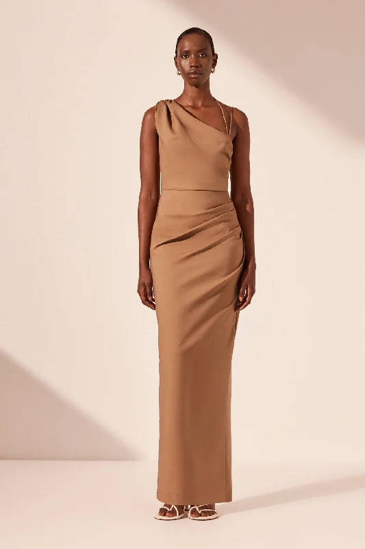 LANI ASYMMETRICAL GATHERED MAXI DRESS - CINNAMON Stylish Off-Shoulder Maxi Dress
