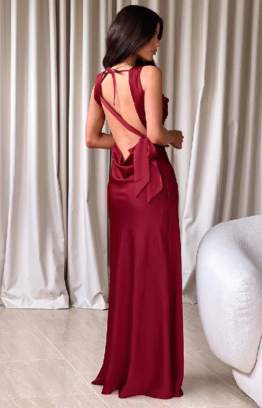 Laria Wine Satin Formal Maxi Dress Trendy Maxi Dress with Straps