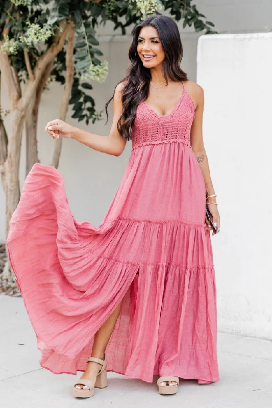 Let's Fly Away Mauve Crochet Knit Panel Tiered Maxi Dress FINAL SALE Trendy Maxi Dress with Straps