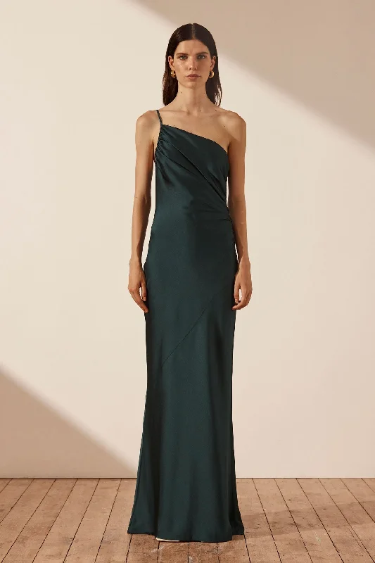 LUXE ASYMMETRICAL GATHERED MAXI DRESS - EMERALD Comfortable Fit-and-Flare Maxi Dress