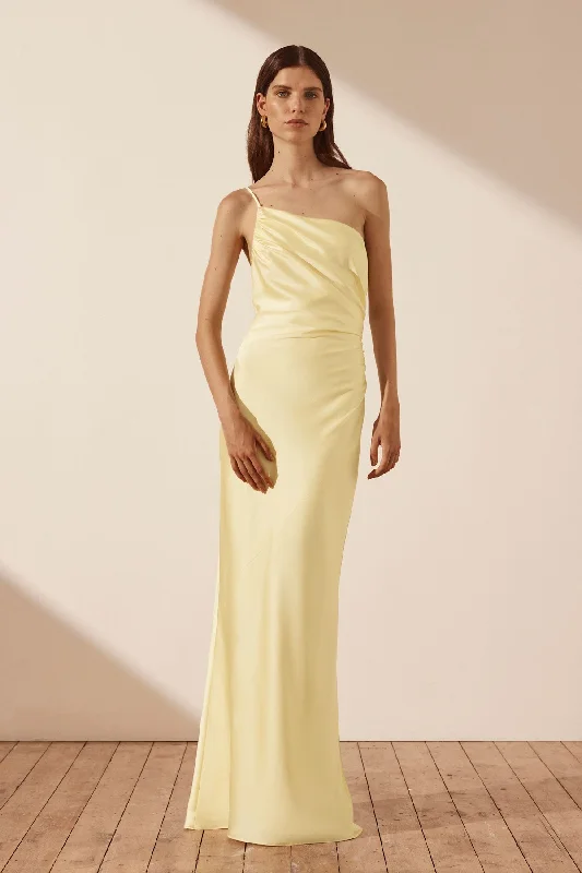 LUXE ASYMMETRICAL GATHERED MAXI DRESS - LEMON Comfortable Long-Sleeve Maxi Dress