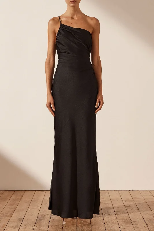 LUXE ASYMMETRICAL GATHERED MAXI DRESS - ONYX Comfortable Pleated Maxi Dress