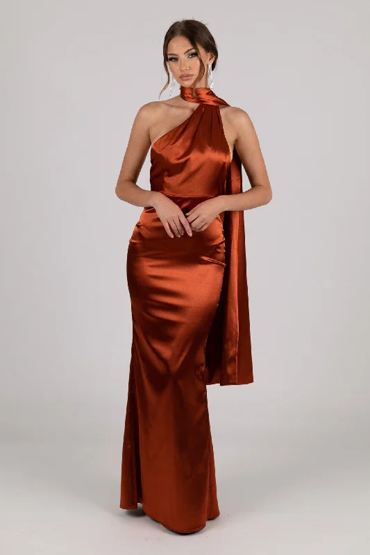 MARGOT Scarf Neck Satin Maxi Dress - Burnt Orange Elegant Sleeveless Maxi Dress