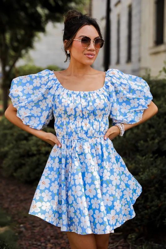 FINAL SALE - Memorable Poise Blue Floral Mini Dress Casual Mini Dress with Pockets