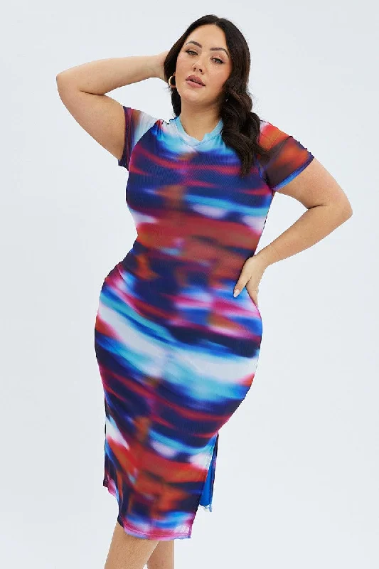 Multi Abstract Maxi Dress Mesh Cap Sleeve Bodycon Stylish Button-Up Maxi Dress