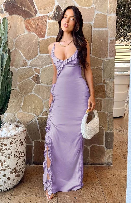 Nahanee Lilac Satin Ruffle Maxi Dress Comfortable Cotton Maxi Dress