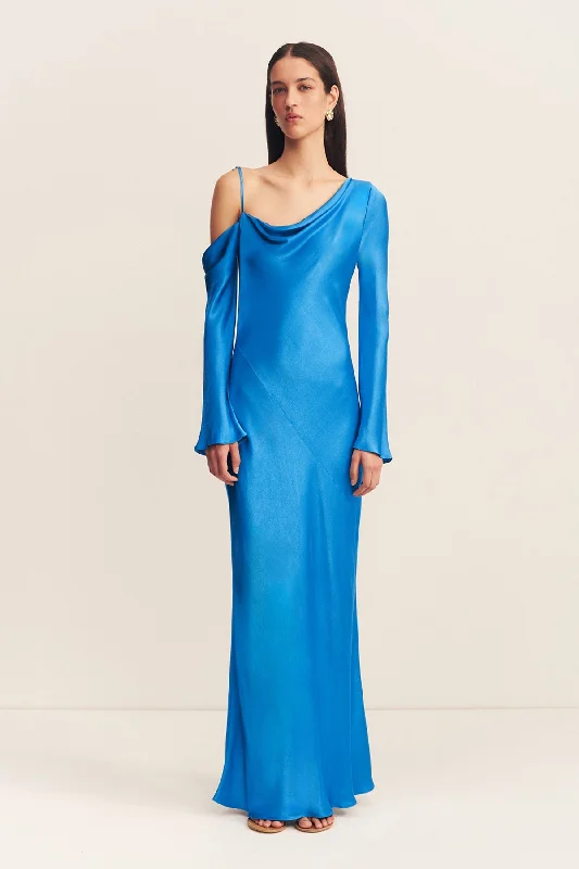 NORA ASYMMETRICAL LONG SLEEVE MAXI DRESS - AQUA Elegant Pleated Maxi Dress