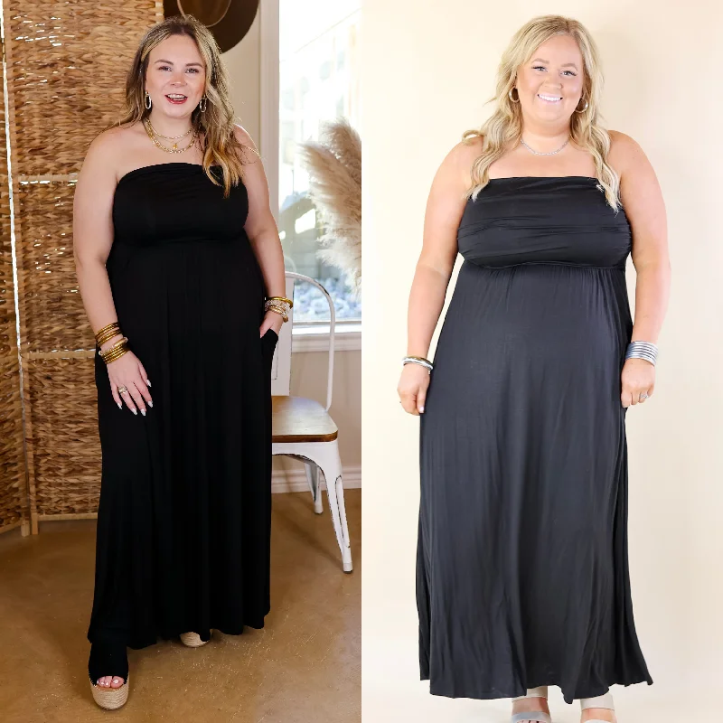 Oh, Snap Strapless Maxi Dress in Black Comfortable Satin Maxi Dress