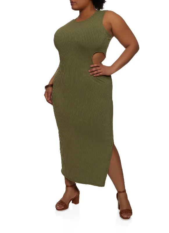 Plus Size Rib Knit Cut Out Tank Maxi Dress Elegant Velvet Maxi Dress