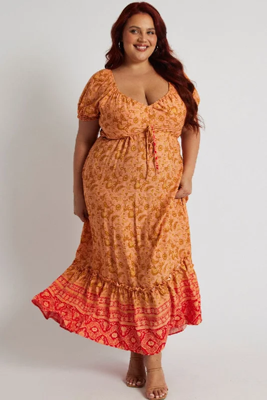 Orange Boho Puff Sleeve Boho Printed Maxi Dress High Low Hem Classic Strapless Maxi Dress